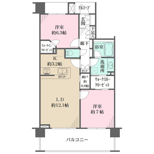 洗面室と約7帖洋室はウォークスルークローゼットで繋がっており、洗濯?生活動線良好な間取りです。