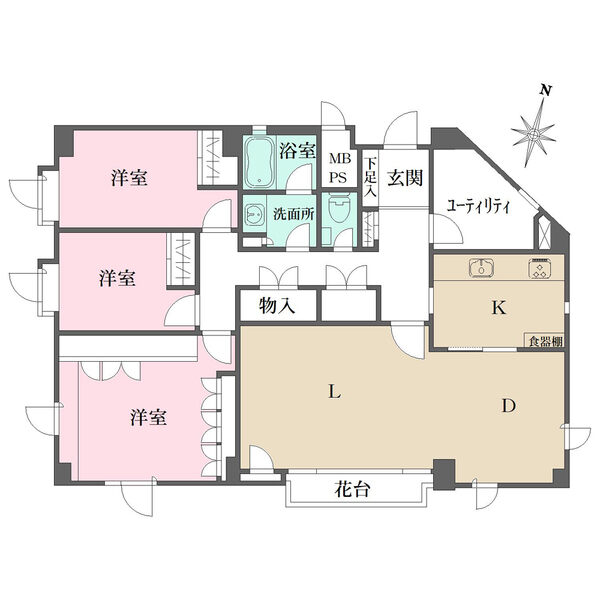 南?東?西の3方角住戸。LDは南?東からの2面採光。洋室は収納豊富です。ユーティリティ付き。