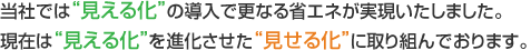 當社では“見える化”の導入で更なる省エネが実現(xiàn)いたしました?，F(xiàn)在は“見える化”を進化させた“見せる化”に取り組んでおります。