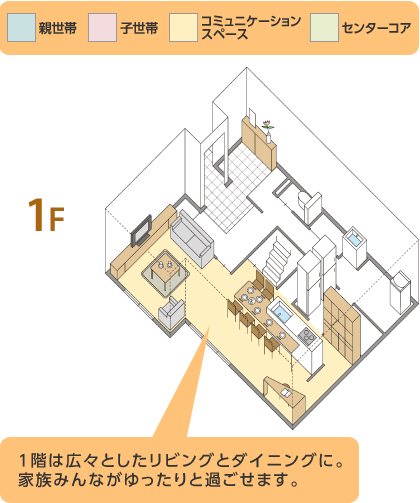 1F　1階は広々としたリビングとダイニングに。家族みんながゆったりと過ごせます。