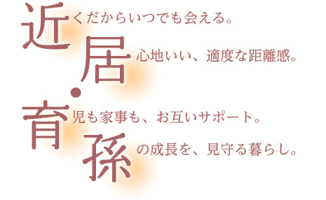 近…近くだからいつでも會える。居…居心地いい、適度な距離感。育…育児も家事も、お互いサポート。孫…孫の成長を、見守る暮らし。