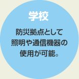 學校 防災拠點として照明や通信機器の使用が可能。