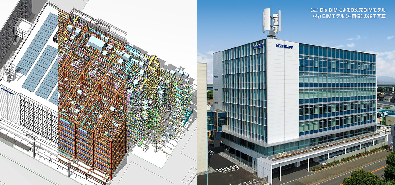 （左）D’s BIMによる3次元BIMモデル （右）BIMモデル（左畫像）の竣工寫真