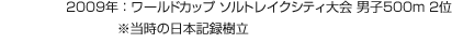 2009年：ワールドカップ ソルトレイクシティ大會 男子500m 2位 ※當時の日本記録樹立