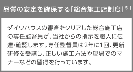 品質の安定を確保する「総合施工店制度」※1…ダイワハウスの審査をクリアした総合施工店の専任監督員が、當社からの指示を職人に伝達?確認します。専任監督員は2年に1回、更新研修を受講し、正しい施工方法や現場でのマナーなどの習得を行っています。