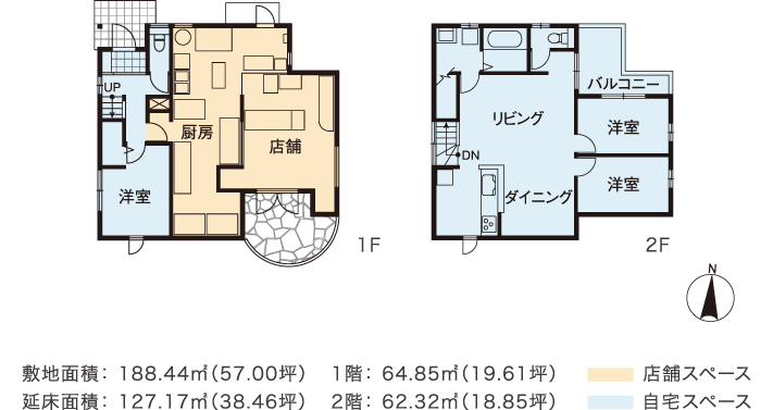 敷地面積：188.44m2（57.00坪）延床面積：127.17m2（38.46坪）1階：64.85m2（19.61坪）2階：62.32m2（18.85坪）