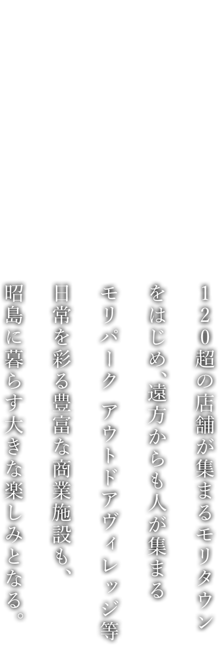 120超の店舗が集まるモリタウンをはじめ、遠方からも人が集まるモリパーク アウトドアヴィレッジ等日常を彩る豊富な商業施設も、昭島に暮らす大きな楽しみとなる。