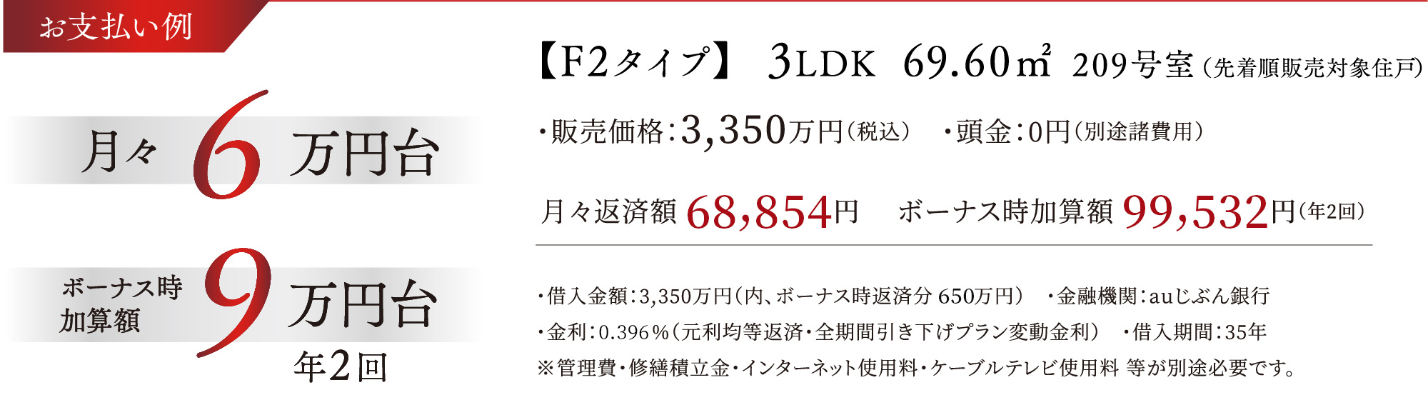 お支払い例【F2タイプ】3LDK、69.60㎡209號室