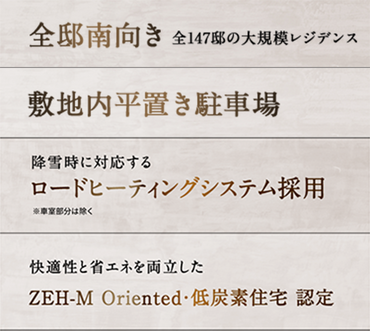全邸南向き全147邸の大規模レジデンス敷地內平置き駐車場133臺月額3,000円 ? 9,500円降雪時に対応するロードヒーティングシステム採用快適性と省エネを両立したZEH-M Oriented?低炭素住宅 認定活用の幅が広がる共用施設ブック＆コワーキングラウンジ、パーティ＆キッチンスタジオ、ゲストルーム