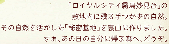 「ロイヤルシティ霧島妙見臺(tái)」の敷地內(nèi)に殘る手つかずの自然。その自然を活かした「秘密基地」を裏山に作りました。さあ、あの日の自分に帰る森へ、どうぞ。