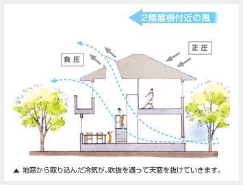 地窓から取り込んだ冷気が、吹抜を通って天窓を抜けています。