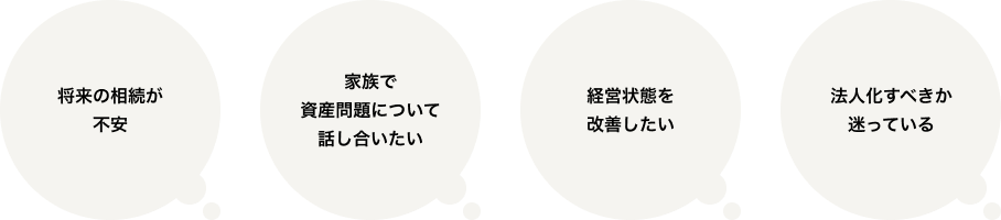 將來の相続が不安　家族で資産問題について話し合いたい　経営狀態を改善したい　法人化すべきか迷っている