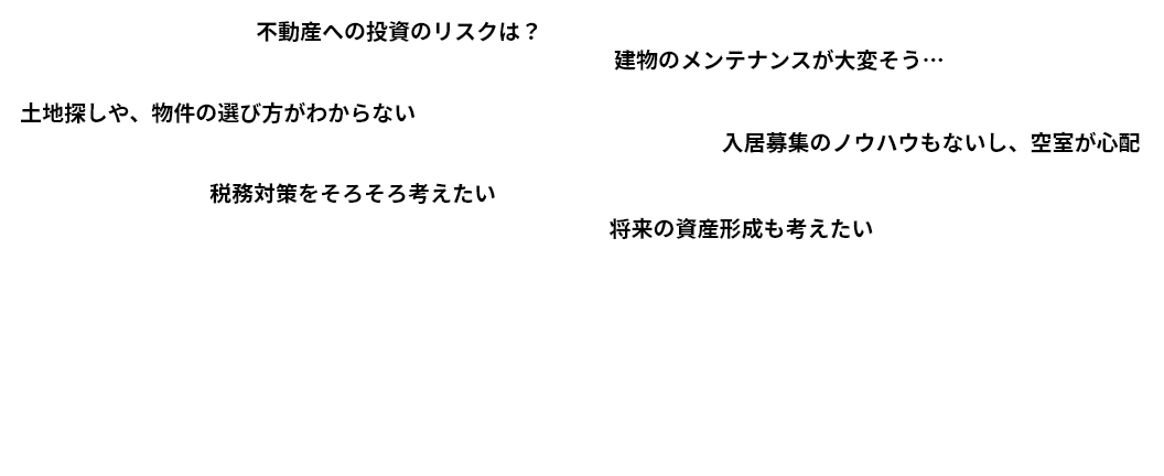 不動産への投資のリスクは？　建物のメンテナンスが大変そう…　土地探しや、物件の選び方がわからない　入居募集のノウハウもないし空室が心配　稅務対策をそろそろ考えたい　將來の資産形成も考えたい