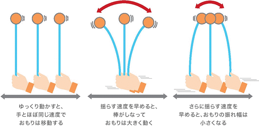 ?ゆっくり動(dòng)かすと、手とほぼ同じ速度でおもりは移動(dòng)する ?揺らす速度を早めると、棒がしなっておもりは大きく動(dòng)く ?さらに揺らす速度を早めると、おもりの振れ幅は小さくなる