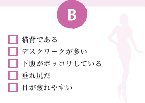 □ 貓背である　□ デスクワークが多い　□ 下腹がポッコリしている　□ 垂れ尻だ　□ 目が疲れやすい