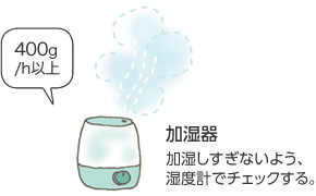 加濕器（400g/h以上） 加濕しすぎないよう、濕度計でチェックする。