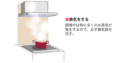 ●換気をする 調理中は特に多くの水蒸気が発生するので、必ず換気扇を回す。