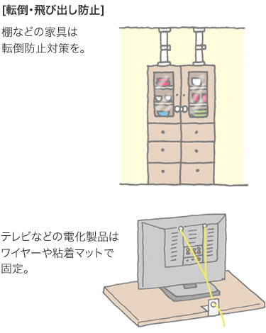 [転倒?飛び出し防止] 棚などの家具は転倒防止対策を。／テレビなどの電化製品はワイヤーや粘著マットで固定。