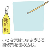 小さな穴はつまようじで補修剤を埋め込む。