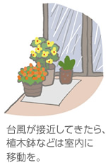 臺風が接近してきたら、植木鉢などは室內に移動を。