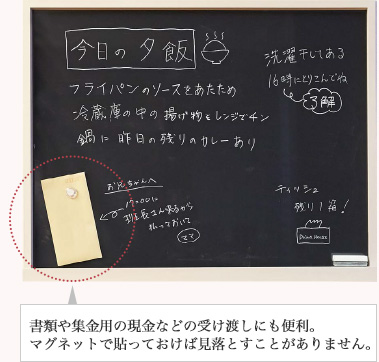 書類や集金用の現金などの受け渡しにも便利。マグネットで貼っておけば見落とすことがありません。