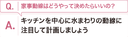 Q:家事動線はどうやって決めたらいいの？　 A:キッチンを中心に水まわりの動線に注目して計畫しましょう