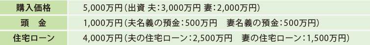 [購入価格]5,000萬円（出資 夫：3,000萬円 妻：2,000萬円） [頭金]1,000萬円（夫名義の預(yù)金：500萬円　妻名義の預(yù)金：500萬円）[住宅ローン]4,000萬円（夫の住宅ローン：2,500萬円　妻の住宅ローン：1,500萬円）